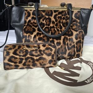 Michael Kors Lana Leopard Calfskin Print Black Leather Tote With Matching Wallet